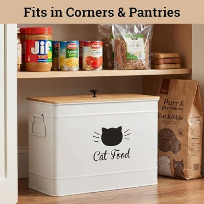 Metal Cat Food Container with Scoop, 15lb (50 Cup) w/ Airtight Bamboo Lid - color: White