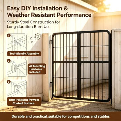 1 Inch Thick Steel Horse Stall Gate, Two-Way Opening Ventilated Horse Stall Guard, Heavy Duty Height Adjustable Grid Metal Stall Front Gate for Daily Home Barn Show Stable Use - size: 48"Wx24"H