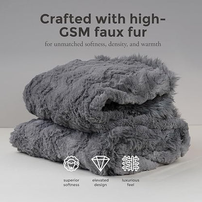 Mon Chateau 60" x 70" Hearthside Faux Fur Throw Blanket, Fog Stone Jacquard | Cozy Layer Comfort For Couch, Bed Or Chair. Lightweight Polyester Fabric With Easy Machine Wash Care - color: Fog Stone Jacquard