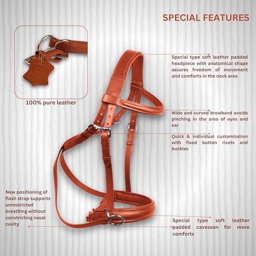 Hulara Genuine English Leather Crossover | Crossunder Bitless Horse Bridle Headstall with Reins - color: Tan, size: Full