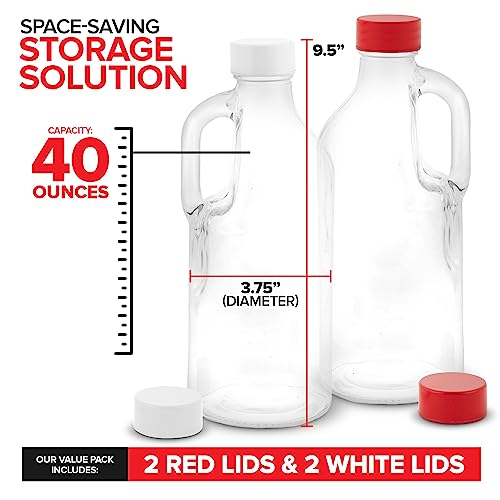 Stock Your Home 40 oz Glass Milk Bottle with Lid and Handle (2 Pack), 4 Reusable Caps, Milk Container for Refrigerator, Glass Juice Bottles, Water, Almond Cow Milk Storage Bottle, Glass Milk Jug - size: 2 Count