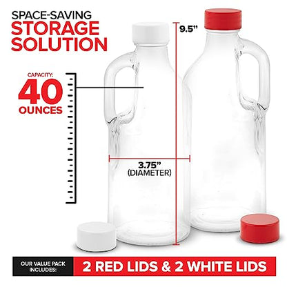 Stock Your Home 40 oz Glass Milk Bottle with Lid and Handle (2 Pack), 4 Reusable Caps, Milk Container for Refrigerator, Glass Juice Bottles, Water, Almond Cow Milk Storage Bottle, Glass Milk Jug - size: 2 Count