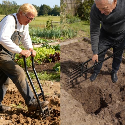 Heavy Duty Garden Broadfork 46 Inch, 5-Tine Manganese Steel Garden Fork with U-Shaped Dual Handle, Ergonomic Labor-Saving Garden Tool for Soil Loosening, Weeding, Aeration, Composting, Transplanting