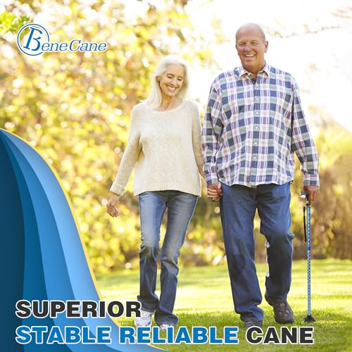 BeneCane Walking Cane for Women Folding Cane for Men with Two Led Lights Quad Cane with Stable Base Lightweight and Adjustable Walking Stick - color: Carved Blue