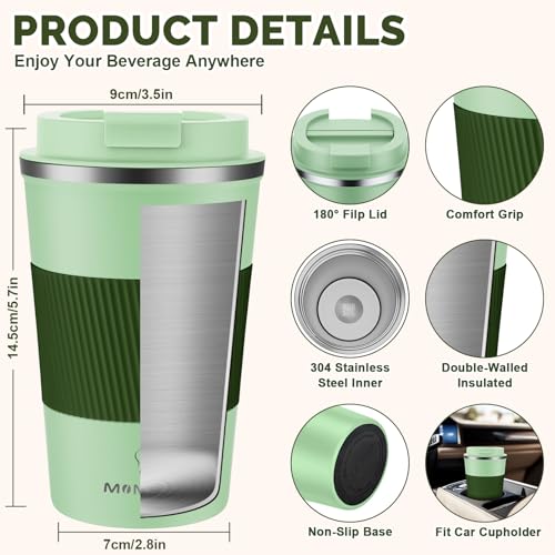 MOMSIV 12oz Travel Coffee Mug, Insulated Coffee Cup with Leakproof Lid - color: B-Light Green-12oz