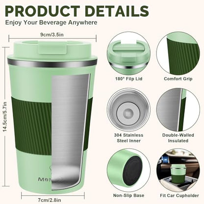 MOMSIV 12oz Travel Coffee Mug, Insulated Coffee Cup with Leakproof Lid - color: B-Light Green-12oz