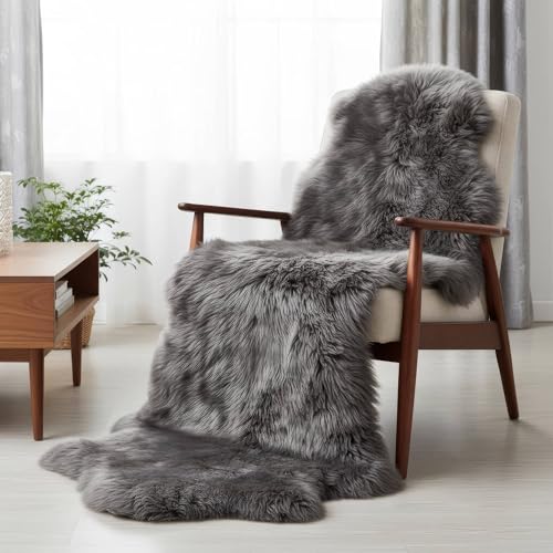 Premium Gray Sheepskin Rug Genuine Fur Bedside Runner 2x6ft - Great for Soothing Feet - Ethically Sourced Sheep Fur Rugs - Sheepskins Wool Runner - color: Grey, size: 2' x 6' (Natural)