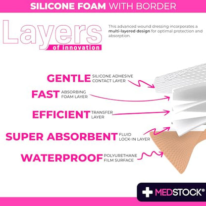 MEDSTOCK Silicone Foam Dressing with Border, 5"x5" (Pack of 5), Wound Care, Super Absorbent, Atraumatic Removal, Five Layers, Waterproof, Seals Wound Edges, No Adhesion Loss - size: 5"x5" (Pack of 5)