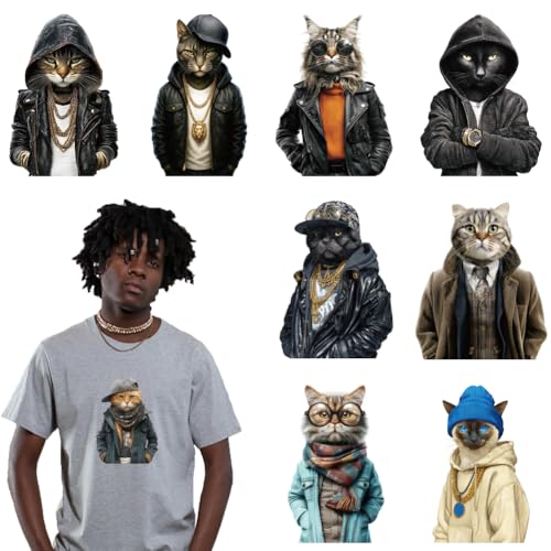arricraft 9 Sheets Anthropomorphic Cat Iron on Stickers, Street Hip-Hop Cat Pattern Print Transfer Stickers Decals for DIY T-Shirt Jeans Backpacks Families Clothing Hat Decoration Applique - style: Street Hip-Hop Cat Theme
