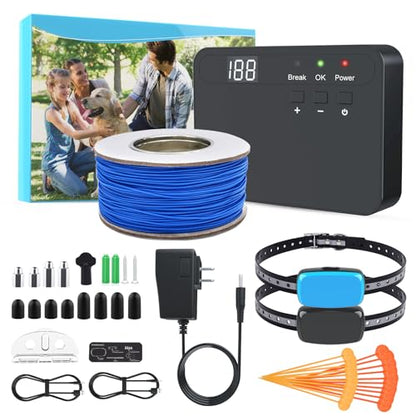 Electric Dog Fence System for 2 Dogs,Wired Pet Containment System | 2 Water Resistant Collar Receiver,Underground/Aboveground,with Adjustable Static/Tone Correction for Small Medium Large Dogs