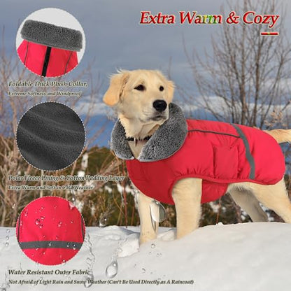 Dogcheer Warm Dog Coat, Christmas Dog Jacket Waterproof Puppy Winter Coat with Buckles, Reflective Adjustable Pet Snow Jacket Turtleneck Fleece Sweater for Small Medium Large Dogs - Red, S - color: Red, size: Small