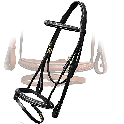 Exion English Jumping Bridle with Flash & Rubber Reins – Anatomical Padded Horse Bridle – Premium Leather Designer Stitched Hunter Jumper Tack – Brass Buckles – Pony, Cob, Full, Warmblood - color: Black, size: Pony/Small Size