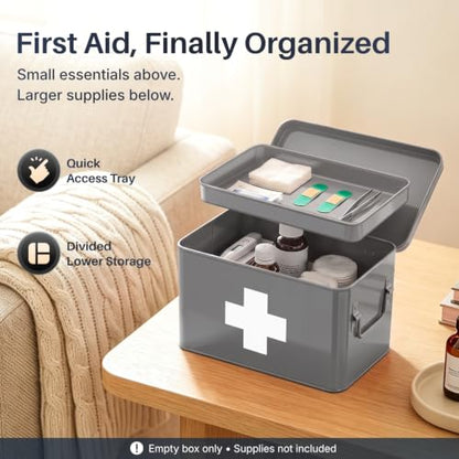 Flexzion Large Metal First Aid Box Empty, 8.5-Inch, Gray with White Cross - color: Gray, size: 8.5 Inch without Latch Lock