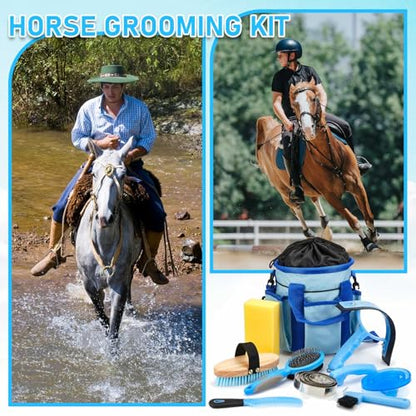 Cunhill 9 Pcs Horse Grooming Kit Tack Room Supplies, Classic, Light Blue - color: Light Blue, style: Classic