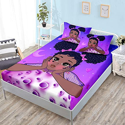 HOSIMA Black Girl Magic Twin Bedding Sets,1 Fitted Sheet+2 Pillowcases. - color: Purple-a, size: Twin 39"*75"