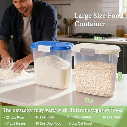 Large Rice Storage Container 15-20 Lbs, Tall Flour Container Dry Food Bin - color: Cream White
