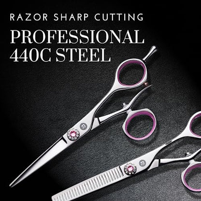 Saki Shears Sakura 5.5" Swivel Hair Cutting Scissors Set - Pink Cutting and Thinning Shears with Rotating Thumb - 440C Japanese Steel - color: Steel, size: Set of Swivel Shears