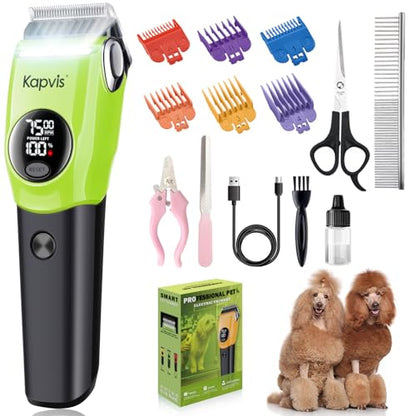 Dog Clippers for Grooming Thick Hair with LED Light,Poodle Grooming Kit with 6 Guide Combs for Dogs Cats Sheep Animals - color: Green
