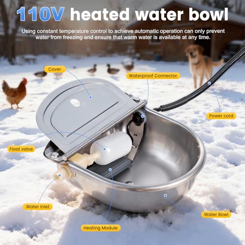 Heated Automatic Dog Water Bowl Dispenser Stainless Steel | Outdoor Heated Dog Bowl with Anti Chew Cord and Automatic Dog Water Dispenser for Dogs, Cats, Chicken, Ducks, Birds