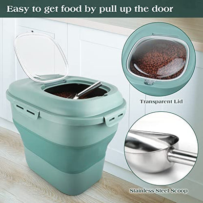 TIOVERY Dog Food Storage Container, Airtight Collapsible 13lb to 30lb Pet Food Container with Flip Top, Rolling Wheel, Scoop and 3L small container for Dog Cat Food and Dry Food of Rice, Flour - color: Green