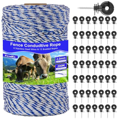 30 Miles/48km Solar Electric Fence Charger 0.3J-1.5J Adjustable,656ft Electric Fence Polywire 50Pcs Electric Fence Insulators&1 Insulated Sleeve
