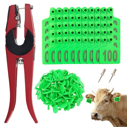 100 PCS Cattle Ear Tags Numbered 001-100 with Pliers for Goats Sheep Pigs - color: Green