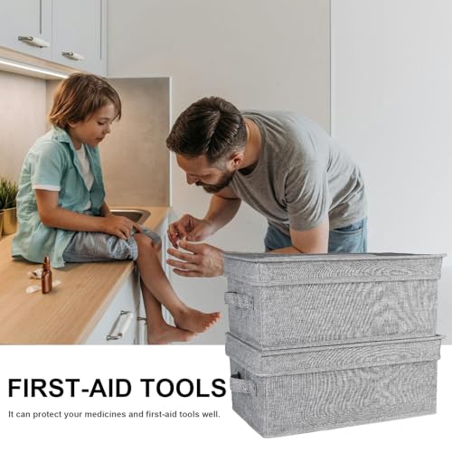 First Aid Box and Pet Frist Aid Kit Case Set, Fabric Medicine Storage Box Empty, Divided First Aid Supplies Organizer Storage with Clear Lid, Emergency Kit Storage Box for Family and Dog-Gray