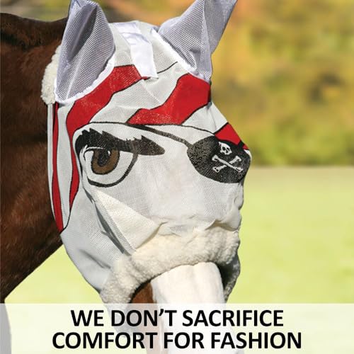 Schneiders Dura-Mesh Designer Fly Horse Masks | Fun Patterns & 70% UV Protection | Durable 1000D Mesh with Ear Coverage & Fleece Comfort - color: Pirate, style: Pirate