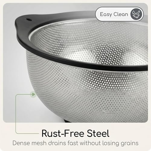 304 Stainless Steel Colander 3-Quart, Heavy Duty Metal Strainer with Riveted Handles, Micro-Perforated Food Strainer for Draining Pasta, Orzo, Rice, Berry, Stable Ring Base, Rust Free - size: 3QT-Black edge