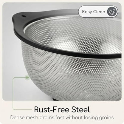 304 Stainless Steel Colander 3-Quart, Heavy Duty Metal Strainer with Riveted Handles, Micro-Perforated Food Strainer for Draining Pasta, Orzo, Rice, Berry, Stable Ring Base, Rust Free - size: 3QT-Black edge