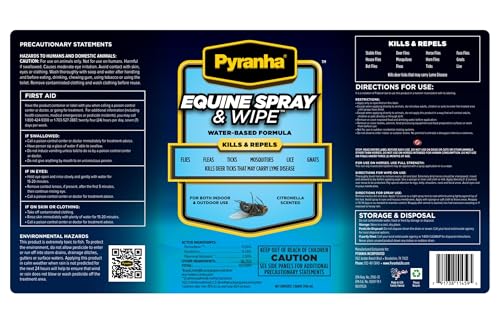 Pyranha Equine Spray and Wipe Fly Repellent for Horses – Water-Based Formula with Citronella Scent, Long-Lasting, Dust-Free, No Shake Required, Quart - size: Quart