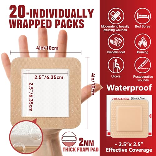 FRESINIDER Silicone Foam Dressing with Adhesive Border – Wound Dressing Bandage – Silicone Foam Pad – Pack of 20 – 4 x 4 Inches Large Waterproof Bandages – Self Adhesive Wound Care and Dressings - color: 4" X 4", 20 Pack