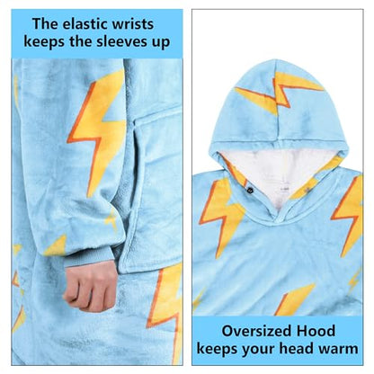 Solaris Thunder Lightning Kids Wearable Blanket Hoodie - Cozy Warm Sherpa Fleece Sweatshirt Pullover with Larger Pocket for Teens, Girls, Boys - color: Thunder Blue