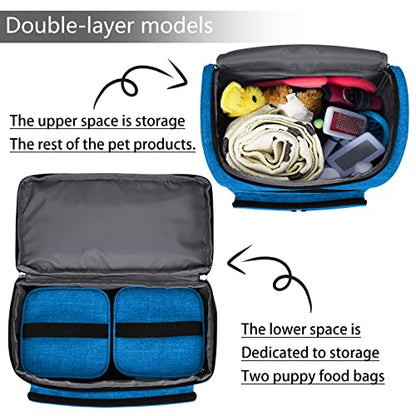 BAGLHER Pet Travel Bag, Double-Layer Pet Supplies Backpack (for All Pet Travel Supplies), Pet Travel Backpack with 2 Silicone Collapsible Bowls and 2 Food Baskets Blue - color: Blue