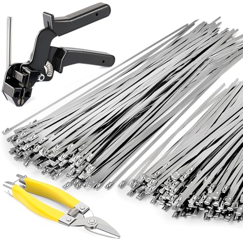 Stainless Steel Cable Tie Gun Kit + 200 Pcs Metal Zip Ties