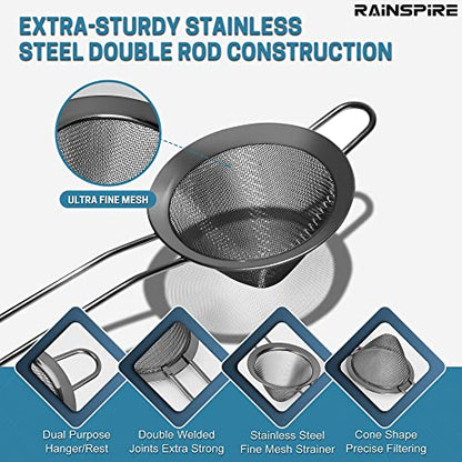 Rainspire Stainless Steel Small Strainer Fine Mesh Strainer, Mini Cocktail Strainer For Cocktails Tea Herbs Coffee & Drinks, Tea Strainer with Handle, Rust Proof, Black - color: Black