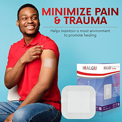 HEALQU Bordered Gauze Island Dressing - 50 Count, 2" x 2" Sterile Individually Wrapped Gauze Pads with Water-Resistant, Non-Woven Backing - Soft and Breathable Wound Dressing for First Aid and Medical - size: 2x2" (1x1" pad) Box of 50