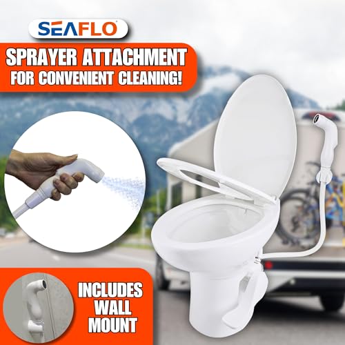 SEAFLO Porcelain RV Toilet with Sprayer Attachment - Elongated Bowl 19” Inch Residential Height, Gravity Flush, Foot Pedal Soft Close Seat Camper Motorhome Easy Install 4 -year Warranty SFRTCH-02-02 - color: White (Ceramic Bowl with Sprayer)