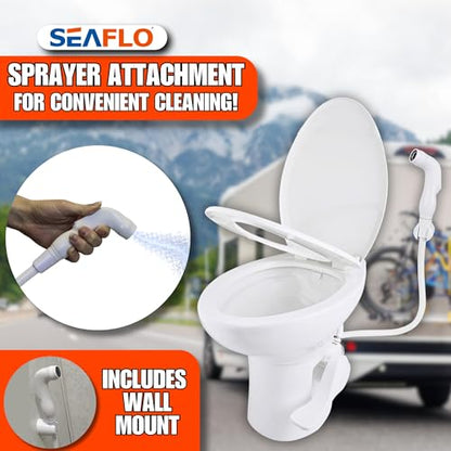 SEAFLO Porcelain RV Toilet with Sprayer Attachment - Elongated Bowl 19” Inch Residential Height, Gravity Flush, Foot Pedal Soft Close Seat Camper Motorhome Easy Install 4 -year Warranty SFRTCH-02-02 - color: White (Ceramic Bowl with Sprayer)