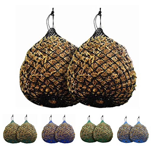Majestic Ally 2 Pcs 1.25”x1.25” Holes Ultra Slow Feed 40” Very Sturdy Hay Net with Bottom Ring for Goat, Sheep and Livestock Simulatr grazing, Reduces Waste (Black) - color: Black