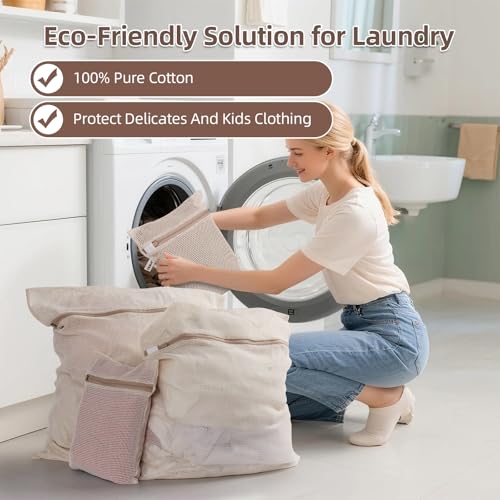 100% Cotton Mesh Laundry Bags, Premium Soft, No Dye, Set of 4, Natural - size: XXL+XL+L+M