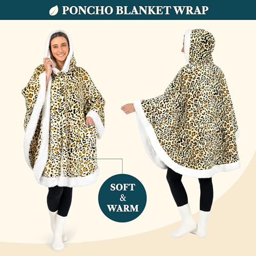 PAVILIA Hooded Blanket Poncho for Women Fleece Wearable Shawl Wrap, Cheetah | Fleece Shawl Wrap with Hood, Adult Wearable Blanket, Cozy Warm Poncho Cape Throw with Pockets, Gift for Elderly Mom - color: Cheetah