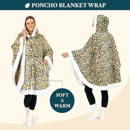 PAVILIA Hooded Blanket Poncho for Women Fleece Wearable Shawl Wrap, Cheetah | Fleece Shawl Wrap with Hood, Adult Wearable Blanket, Cozy Warm Poncho Cape Throw with Pockets, Gift for Elderly Mom - color: Cheetah