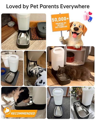 Automatic Dog Water Bowl Dispenser - 2.4 Gallon Gravity Pet Water Dispenser with 304 Stainless Steel Bowl, Dog Auto Feeders Bowls Self Waterer, Easy-Carry Handle for Large Dogs & Cats, Multi-Pet Home