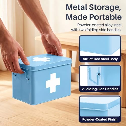 Flexzion Large Metal First Aid Box Empty, 8.5-Inch, Blue with White Cross - color: Blue, size: 8.5 Inch without Latch Lock