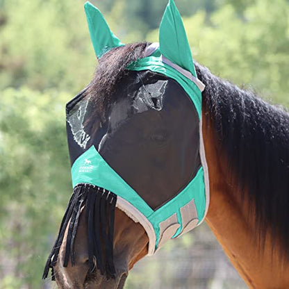 Harrison Howard CareMaster Horse Fly mask with Ears and Nose Fringe Fly Protector Defender Mask Summer Mint Full Size