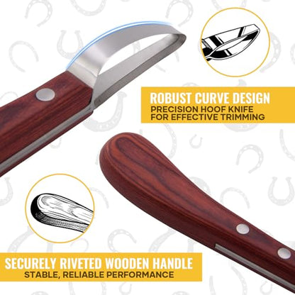 Hoof Knife with Sharpener, 2 PCS Professional Farrier Kit, Curved Stainless Steel Trimming Knife & 400/800 Grit Diamond Rod, Ergonomic Wood Handle, Rust-Resistant for Horses, Cattle