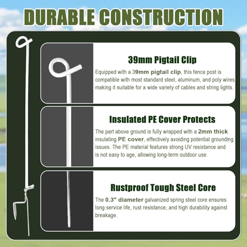 30 Pack Heavy Duty Pig Tail Step in Electric Fence Posts 41" 8mm Steel Farm | Full Insulation Galvanized Steel Portable No Dig Temporary Fence Stakes, Electric Fencing Livestock, Cattle, Horses, Garden