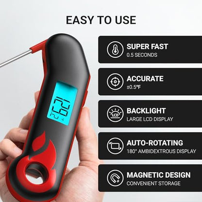 ThermoMaven Professional Meat Thermometer, Instant Read in 0.5 Sec, NIST Certified Accuracy ±0.5°F, IP67 Waterproof, Ambidextrous Backlight & Auto-Rotating Display, for BBQ/Grill/Cooking, Black&Red - color: Black&Red