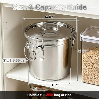 304 Stainless Steel Airtight Food Storage Container with Locking Lid & Clips 5.55gal/21L Large Kitchen Jar for Rice, Flour, Sugar, Grain, Coffee Beans - size: 21L